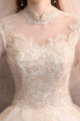 Tulle Wedding Dresses Princess Bridal Gown Illusion Collar Half Sleeve Long Bridal Dress-Dbrbridal