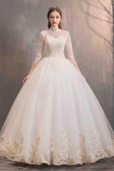 Tulle Wedding Dresses Princess Bridal Gown Illusion Collar Half Sleeve Long Bridal Dress-Dbrbridal