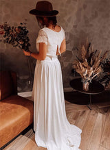 Two-piece Ivory Wedding Dress Chic A-line Scoop Neck Button Detail-Dbrbridal