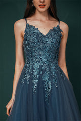 Unique Dusty Blue Tulle A-line Low back Spaghetti-strap Prom Dress-Dbrbridal