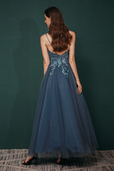Unique Dusty Blue Tulle A-line Low back Spaghetti-strap Prom Dress-Dbrbridal