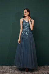 Unique Dusty Blue Tulle A-line Low back Spaghetti-strap Prom Dress-Dbrbridal