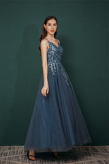 Unique Dusty Blue Tulle A-line Low back Spaghetti-strap Prom Dress-Dbrbridal