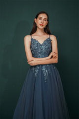 Unique Dusty Blue Tulle A-line Low back Spaghetti-strap Prom Dress-Dbrbridal