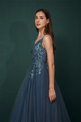 Unique Dusty Blue Tulle A-line Low back Spaghetti-strap Prom Dress-Dbrbridal
