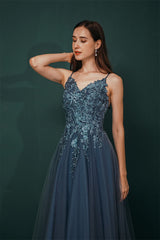 Unique Dusty Blue Tulle A-line Low back Spaghetti-strap Prom Dress-Dbrbridal