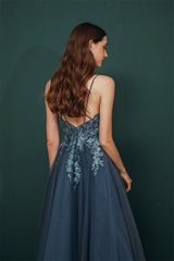 Unique Dusty Blue Tulle A-line Low back Spaghetti-strap Prom Dress-Dbrbridal
