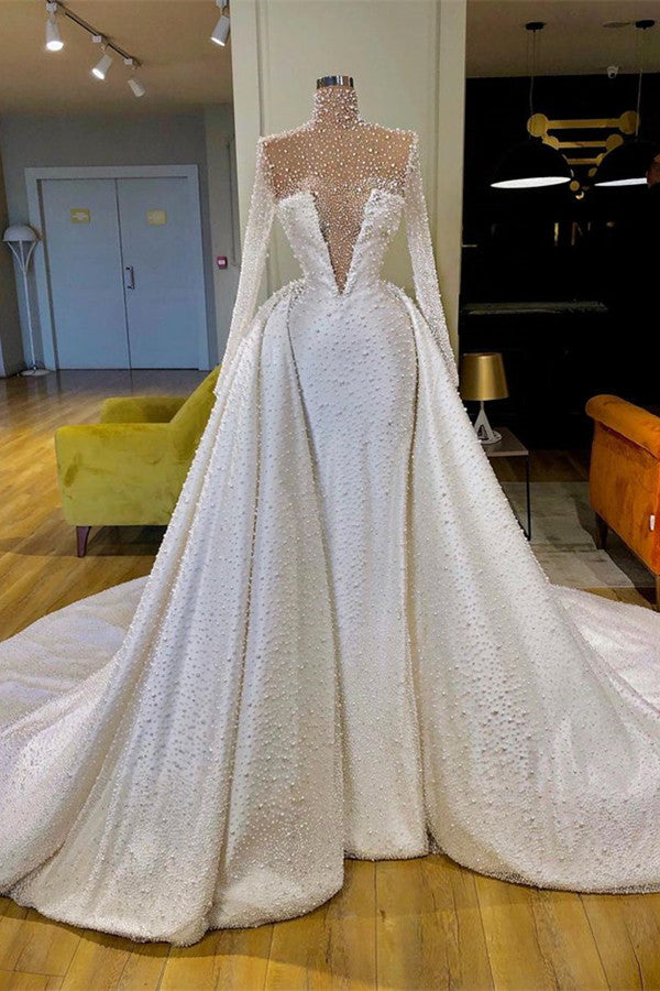 Unique High Neck Pearls Wedding Dress With Detachable Skirt Long Sleev Dbrbridal Unique High Neck Pearls Wedding Dress With Detachable Skirt Long Sleev Dbrbridal