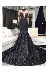 Unique Lace Appliques Flowers High-Neck Prom Dresses Sheer Tulle Fit and Flare Evening Gowns-Dbrbridal