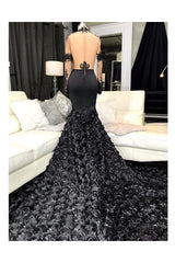 Unique Lace Appliques Flowers High-Neck Prom Dresses Sheer Tulle Fit and Flare Evening Gowns-Dbrbridal