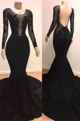 Unique Scoop Long Sleeves Backless Appliques Tulle Mermaid Prom Dresses-Dbrbridal