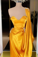 Unique Yellow Gold Long Evening Prom Dress With Ruffles One Shoulder-Dbrbridal