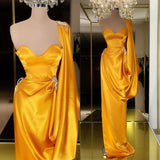Unique Yellow Gold Long Evening Prom Dress With Ruffles One Shoulder-Dbrbridal