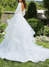V-Neck Ball-Gown Wedding Dresses Long Sleeves Cascading Ruffles in Satin Organza-Dbrbridal