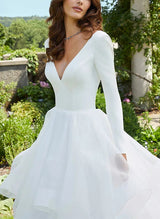 V-Neck Ball-Gown Wedding Dresses Long Sleeves Cascading Ruffles in Satin Organza-Dbrbridal