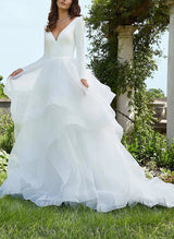 V-Neck Ball-Gown Wedding Dresses Long Sleeves Cascading Ruffles in Satin Organza-Dbrbridal