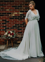 V-Neck Boho Garden Lace Wrap Plus Size Chic A-line Wedding Dresses-Dbrbridal