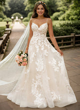 V Neck Chic A-line Princess Tulle Lace Wedding Dresses Appliques Lace-Dbrbridal