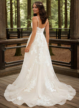 V Neck Chic A-line Princess Tulle Lace Wedding Dresses Appliques Lace-Dbrbridal