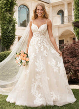 V Neck Chic A-line Princess Tulle Lace Wedding Dresses Appliques Lace-Dbrbridal