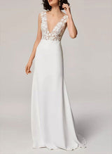 V-Neck Chic A-line Sleeveless Lace Wedding Dress Sweep Train-Dbrbridal