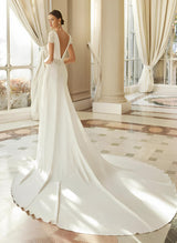 V-Neck Chic A-line Wedding Dress Lace Short Sleeves Court Train Elastic Satin-Dbrbridal