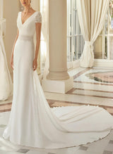 V-Neck Chic A-line Wedding Dress Lace Short Sleeves Court Train Elastic Satin-Dbrbridal