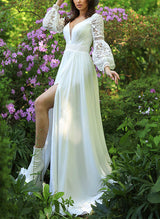 V-Neck Chic A-line Wedding Dresses Long Sleeves Sweep Train in Chiffon Lace-Dbrbridal