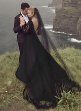 V-Neck Chic A-line Wedding Dresses Long Sleeves Sweep Train in Lace-Dbrbridal