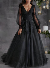 V-Neck Chic A-line Wedding Dresses Long Sleeves Sweep Train in Lace-Dbrbridal