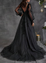 V-Neck Chic A-line Wedding Dresses Long Sleeves Sweep Train in Lace-Dbrbridal