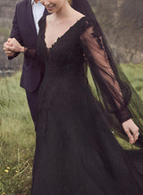 V-Neck Chic A-line Wedding Dresses Long Sleeves Sweep Train in Lace-Dbrbridal