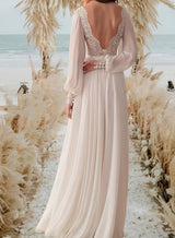 V-Neck Chiffon Floor-Length Wedding Dress Long Sleeves Lace Open Back-Dbrbridal