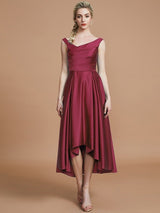 V-Neck Elegant Satin Asymmetrical Sleeveless Bridesmaid Dresses-Dbrbridal