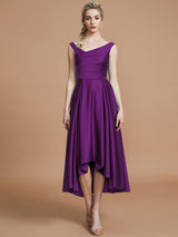 V-Neck Elegant Satin Asymmetrical Sleeveless Bridesmaid Dresses-Dbrbridal