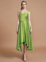 V-Neck Elegant Satin Asymmetrical Sleeveless Bridesmaid Dresses-Dbrbridal