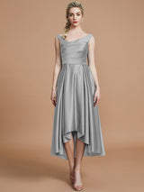 V-Neck Elegant Satin Asymmetrical Sleeveless Bridesmaid Dresses-Dbrbridal