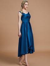 V-Neck Elegant Satin Asymmetrical Sleeveless Bridesmaid Dresses-Dbrbridal