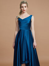 V-Neck Elegant Satin Asymmetrical Sleeveless Bridesmaid Dresses-Dbrbridal