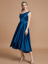 V-Neck Elegant Satin Asymmetrical Sleeveless Bridesmaid Dresses-Dbrbridal