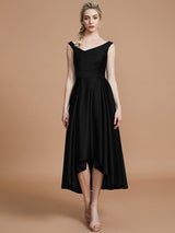 V-Neck Elegant Satin Asymmetrical Sleeveless Bridesmaid Dresses-Dbrbridal