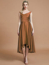 V-Neck Elegant Satin Asymmetrical Sleeveless Bridesmaid Dresses-Dbrbridal