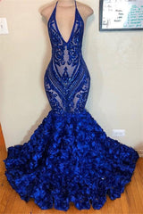 V-Neck Halter Sequins Pattern Floral Sweep Train Prom Dresses-Dbrbridal