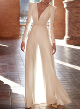 V-Neck Lace Long Sleeve Wedding Jumpsuit Dresses-Dbrbridal