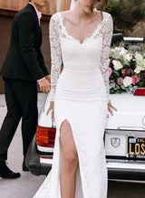 V-Neck Lace Mermaid Fitted Wedding Dresses Long Sleeves Slit-Dbrbridal