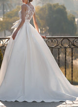 V-Neck Lace Satin Ball-Gown Wedding Dresses-Dbrbridal