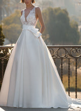 V-Neck Lace Satin Ball-Gown Wedding Dresses-Dbrbridal