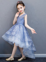 V-Neck Lace Sleeveless Asymmetrical Princess Bows Kids Party Dresses-Dbrbridal
