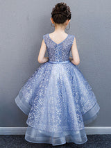 V-Neck Lace Sleeveless Asymmetrical Princess Bows Kids Party Dresses-Dbrbridal