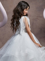 V Neck Lace Sleeveless Floor Length Shoulder Bows Princess Tiered Kids Social Party Dresses-Dbrbridal